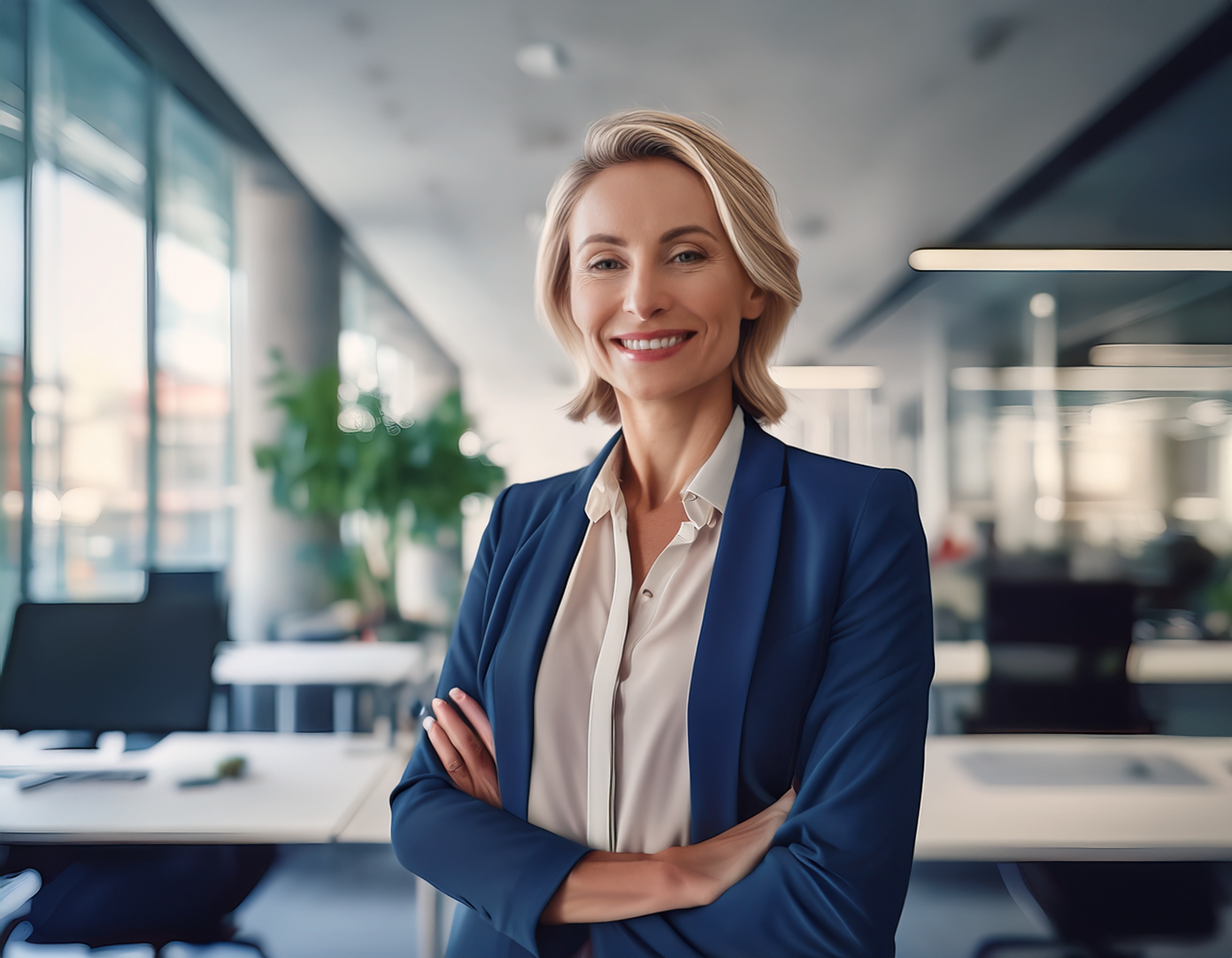 freundliche Frau mit professionellem Auftreten, modernes Büro als Hintergrund