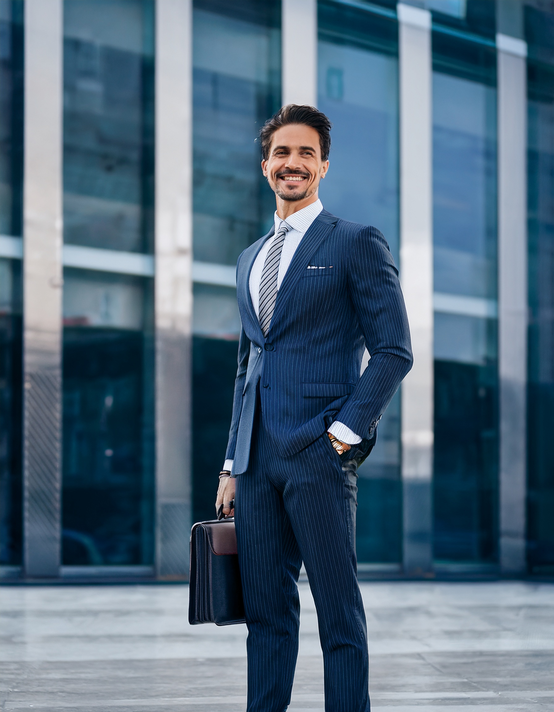 geschäftsmann mit freundlichem Ausdruck, trägt Business-Kleidung, Büro im Hintergrund